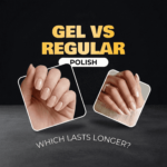 Two manicured nails showing gel and regular polish with the question of which lasts longer.
